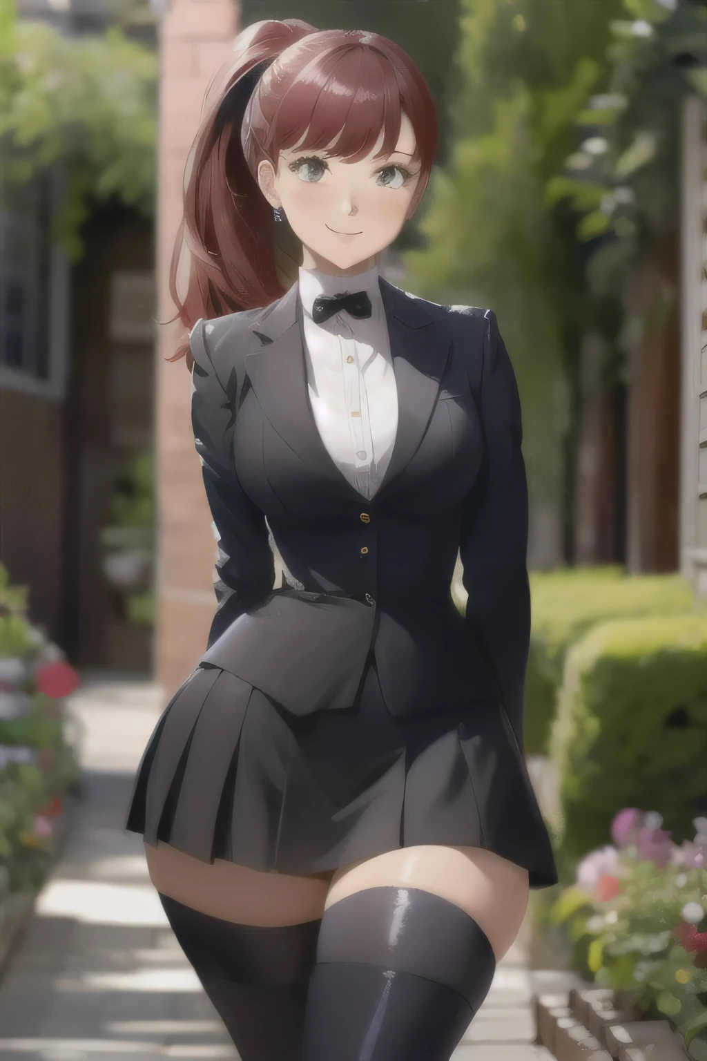 ( the best quality, ultra detailed), (( Whole-grain blush )), ( perfect face , detailed face ), looking at the spectator, ( young woman1 .4), (( ironic smile ))
Yoshizawa_Kasumi, long hair, ponytail , jacket, Long Sleeves Leather, jacket negra, Love, hair Love, shirt, skirt, high stockings , school uniform, black high stockings , medium breasts
(garden, outdoors, Standing, with his arms behind his back , ), small waist, big buttocks , hourglass figure, sexy,