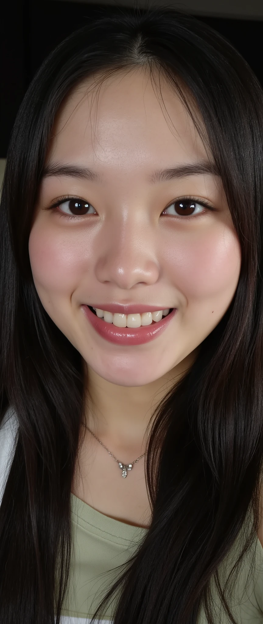 (vivid smile:2.5), (natural lip curvature:2.2), (subtle cheek lift:2.3), (laughing eyes:2.3), (dimpled cheeks:2.0), (realistic shading on lips and cheeks:2.2), (ultra-detailed skin texture:2.3), (soft skin highlights:2.0), (moist lips reflection:2.1), (wrinkles near eyes when smiling:2.4), (warm and inviting smile:2.5), (soft ambient light on face:2.3), (playful smirk with slight head tilt:2.2), (subtle blush on cheeks:2.1)  
 , 1 girl , Selfie, from side, pele morena:0.5 camera distante,  foto tirada por uma Canon A490 (A495) ,  Korean, smile1.0, dentes alinhado, thin , squashed eyes, big eyes,  fringe separated on the right side ,  youthful appearance , black hair  , details eyes , iluminação media, Iris ,  smile, round face,  youthful appearance ,  sitting on the edge of the  ,  vintage aesthetic , cute face,  full lips,  long hair, volumoSo hair, luz media , luz Environment, agenda :night , reflexo no Environment, Environment focado,  looking for , Environment:sentada no banco do carro, dentro do carro,  
