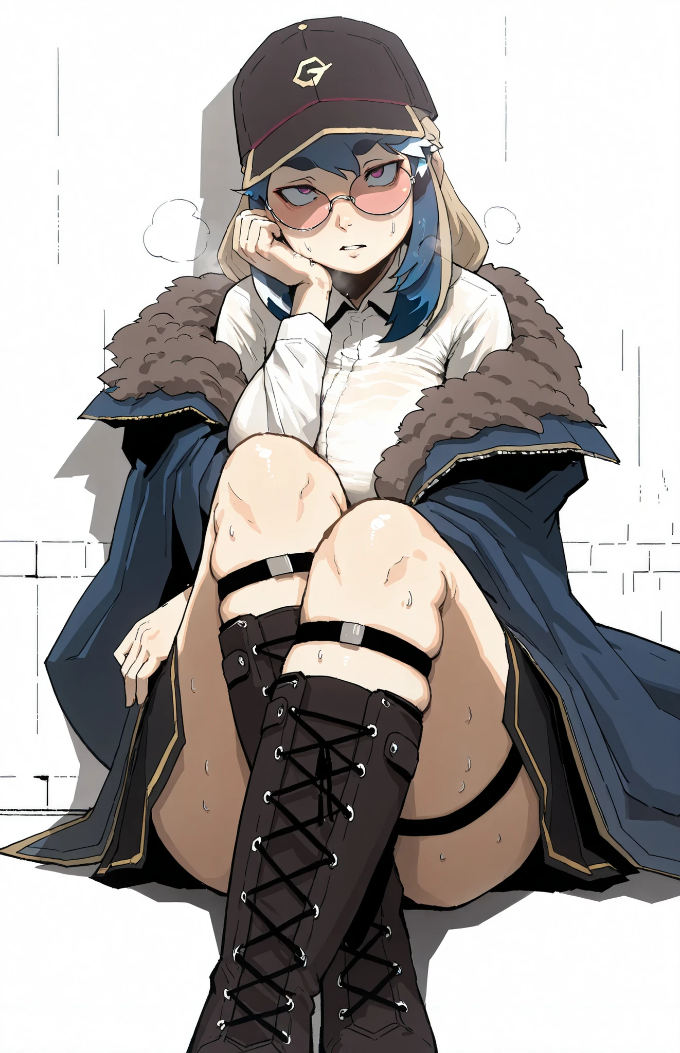 (flanvia-style:1.5), (Gogalking-style:1.2), masterpiece, high quality, absurdres, best quality, very aesthetic, newest, anatomical correct, HD, 4K, digital art, trending on DeviantArt, gasping, heavy breathing, excessive sweating, sweating, sweating profusely, gasping profusely, cinematic, mananakiri, mature female, long hair, light-yellow hair, purple eyes, short eyebrows, big breasts, (HAONI), 1girl, solo, boots, hat, black_headwear, looking_at_viewer, sitting, black_footwear, shirt, cross-laced_footwear, white_shirt, collared_shirt, long_sleeves, lace-up_boots, skirt, glasses, knee_boots, alley, brick wall, dark-alley, dumpster, graffiti wall, mud, jacket, open_clothes, thighs, black_skirt, black_jacket, knees_up, round_eyewear, pink-tinted_eyewear, breasts, tinted_eyewear, coat, thigh_strap, parted lips, off_shoulder, (voluptuous:1.2)
