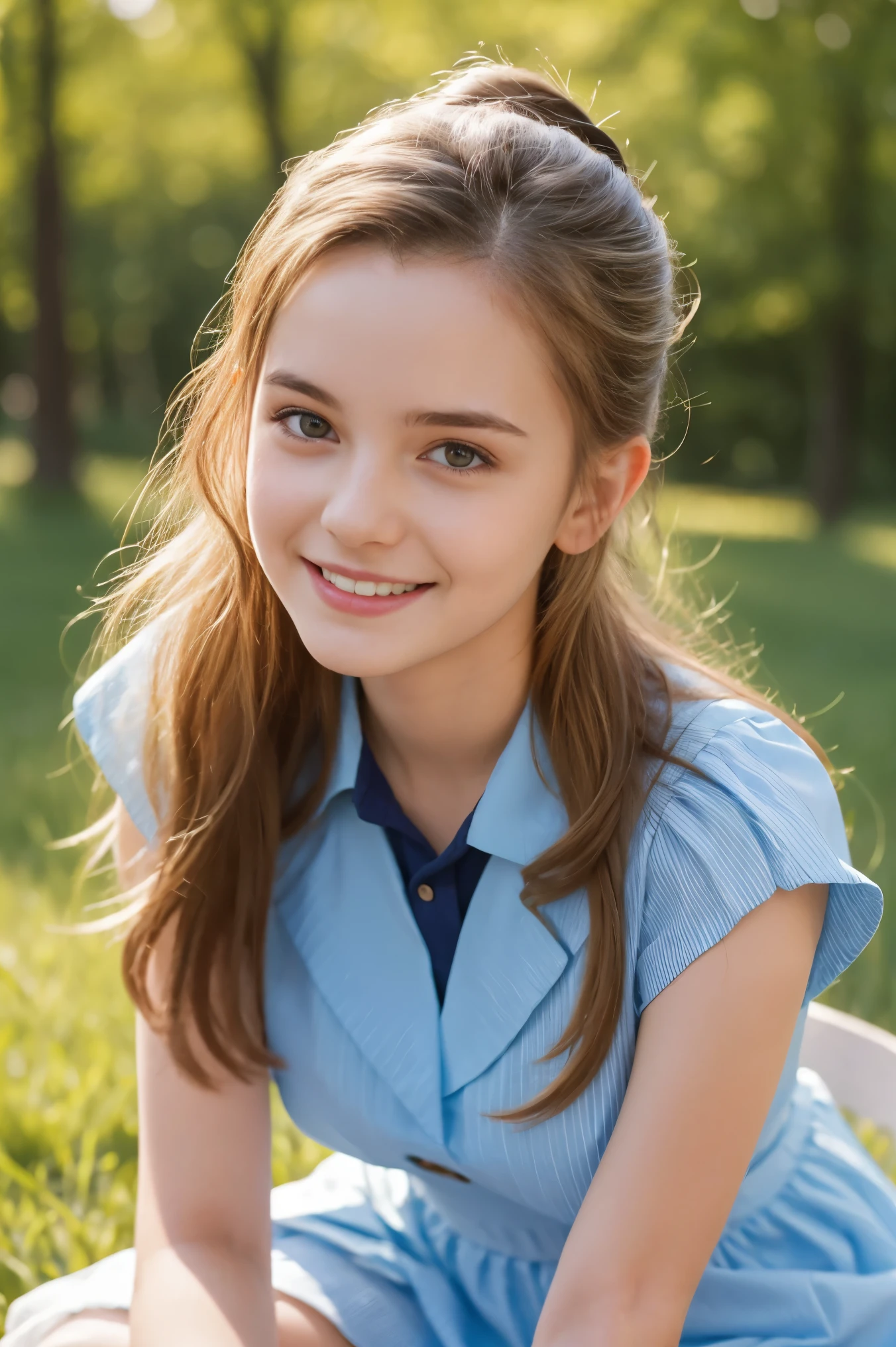 (Beautiful 14 year old Ukrainian female),  sexy cute face, (deeply carved face:0.7), (freckles:0.6), soft light,healthy white skin, shy, (serious face), (sparkling eyes), thin, smile, uniform, micro bikini , Braid, hyper breasts,gigantic breasts,large breasts