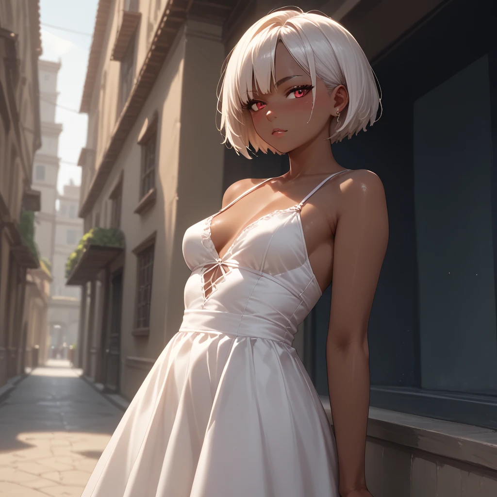 white-haired young woman, gray eyes, petite, short hair, wearing translucent white skirt, small breasts, stone room