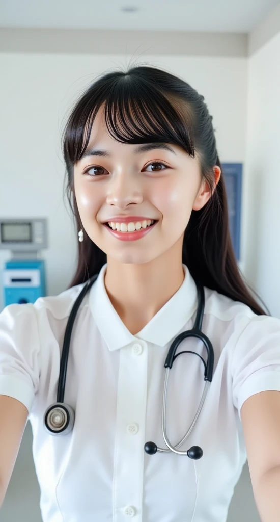 Dental hygienist wearing dark blue medical scrubs Japanese woman in her early 30s with black hair Upper body close-up smile Shooting on a white background Harmony々 No accessories included