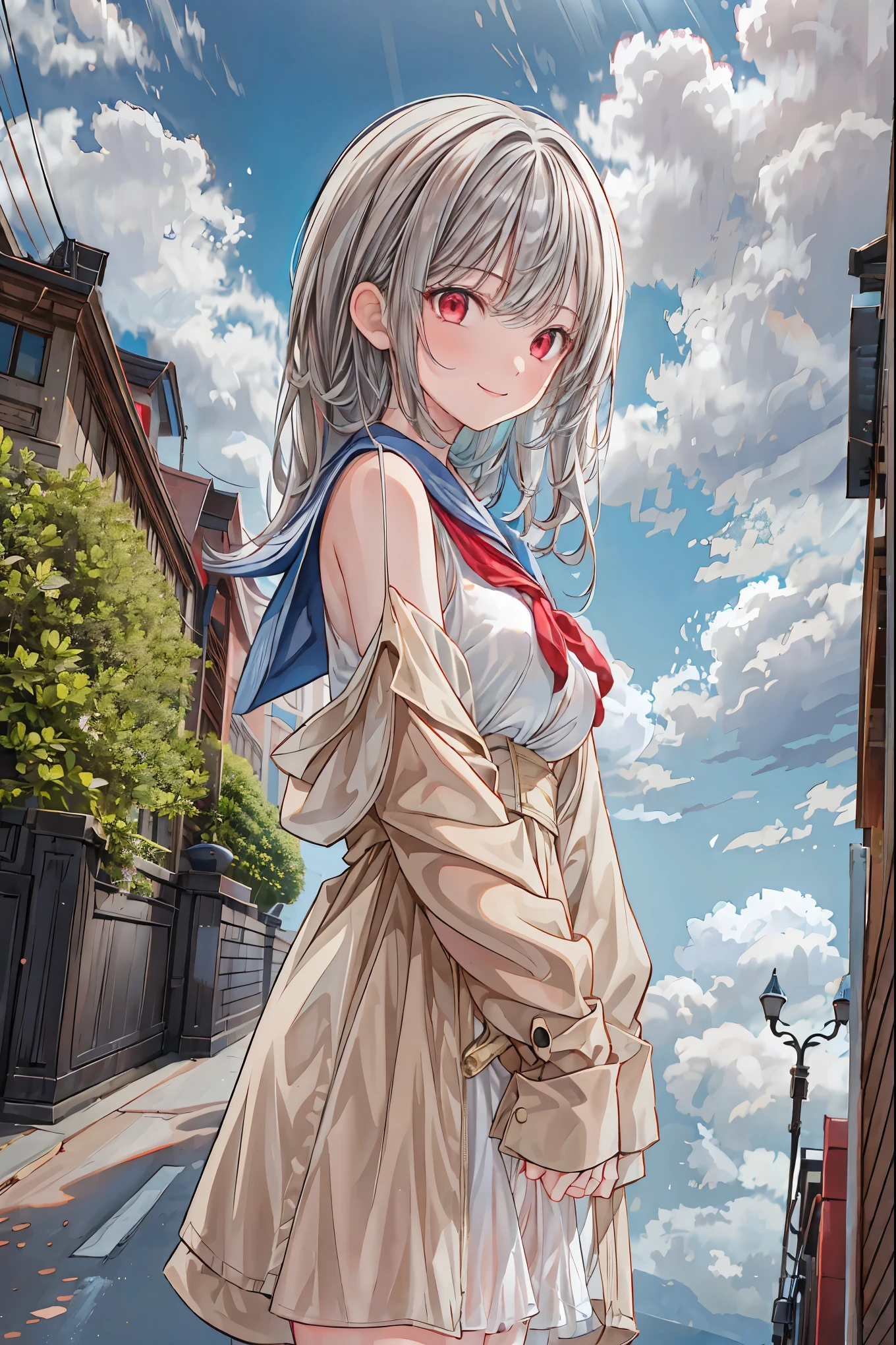 masterpiece,Highest quality,1 girl,Alone,outdoor,,viewers, serafuku,smile,ãã©ã¹ ,bangs,null,blue null,cloud,medium breasts, o,Gray Hair,red eyes, cross your arms around your back,Simple Clothes , long hair,