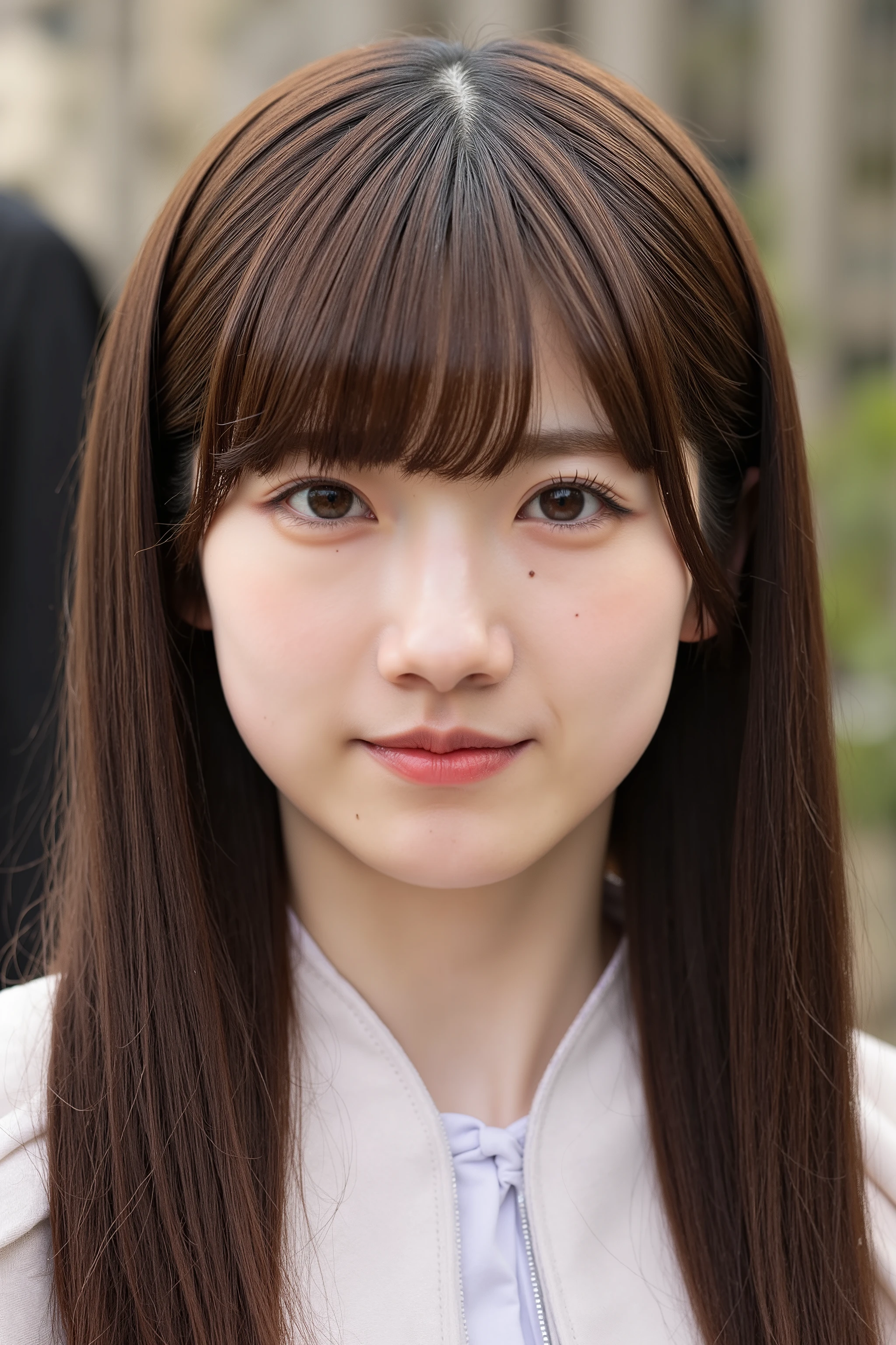 Facial close-up, A young Asian woman named odakura with long, straight brown hair and bangs, and fair skin. She is dressed as a princess. Her expression is neutral, and she appears to be in an outdoor setting.