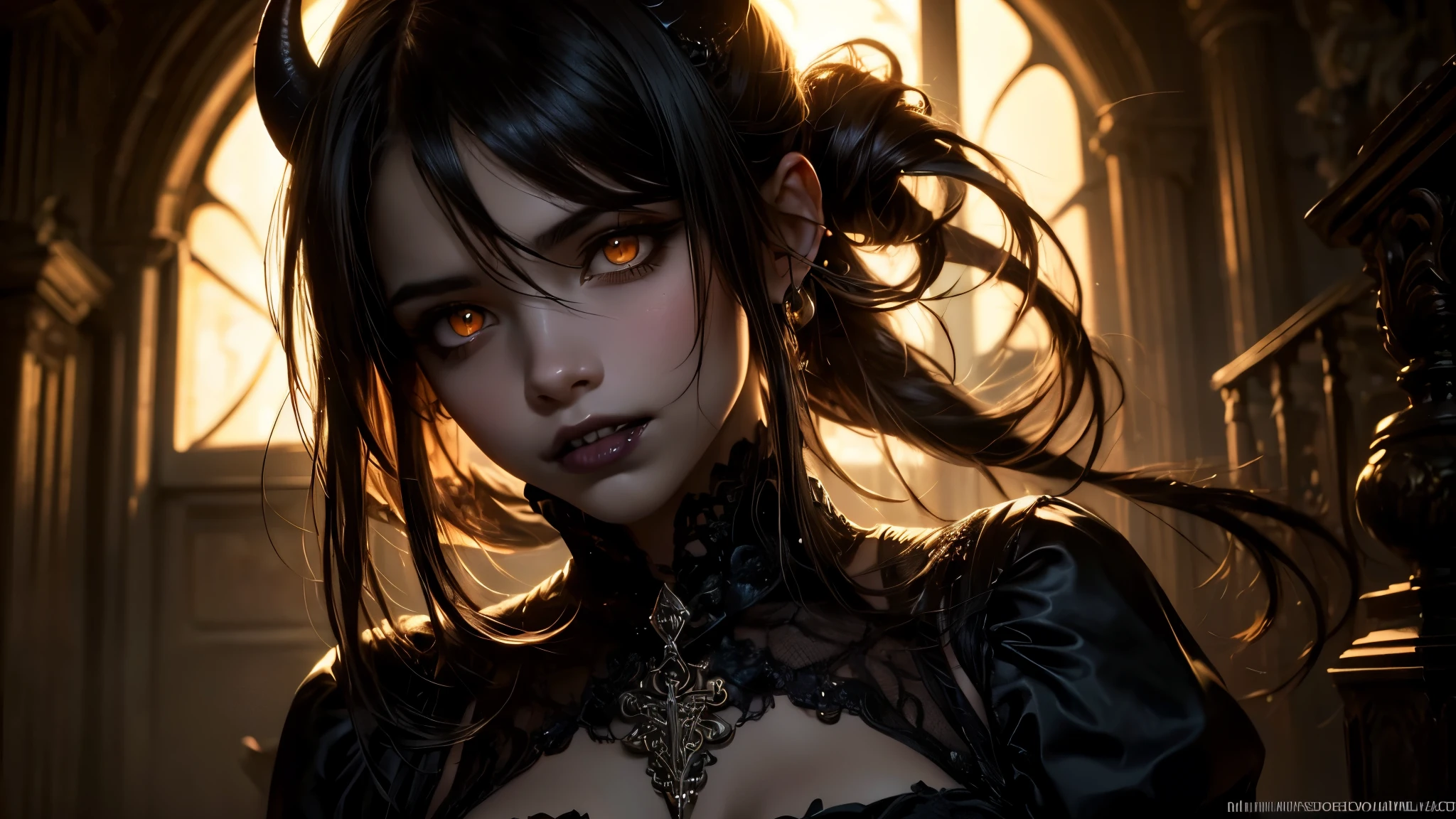 A hauntingly beautiful succubus, dark and alluring, (1girl, detailed face, intricate horns, glowing eyes, sharp fangs, elegant gothic dress, flowing black hair:1.2), dark fantasy, dramatic lighting, (cinematic, moody, atmospheric:1.1), (dramatic, emotive, mystical:1.1), (detailed, highly realistic, award winning digital art:1.4), rich color palette, dramatic chiaroscuro, (glowing, ethereal, otherworldly:1.2), (tempting, seductive, bewitching:1.3), (lonely, melancholic, tragic:1.1), dark romance, (burning, smoldering, passionate:1.2), (surrender, submission, devotion:1.2), (embrace, envelop, consume:1.2), (darkness, shadow, night:1.1), streaked hair, white hair, black hair, drill hair, light smile, seductive smile, excited, photorealistic, Gothic art, anime, anime style, ray tracing, god rays, cinematic lighting, cowboy shot, best quality, super detail, high details, anatomically correct