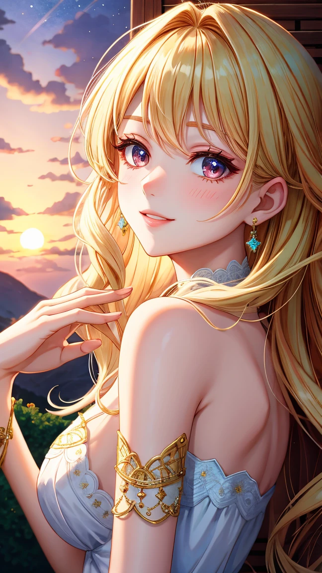 (best quality, masterpiece), 1girl, lean forward, medium breast, loose top, particle, wind, flower, upper body, simple background, looking at viewer, blonde