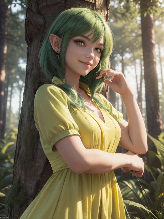 1 girl,Best quality, tmasterpiece, Long green hair, beautiful,detailed red eyes, HD, super cute girl, super cute hairstyle, extremely detailed, Visually inspect the audience, The face is slightly red,is shy,adolable, big breasts cleavage, skirt, pleated skirt, frills, frilled bra, twintails, (solo:1.6), seductive smile, (green eyes with beautiful pupils:1.7), (on her knees:1.5), (garden of weed background with butterflies and flowers around:1.2), she smokes a marijuana cigarette, she smiles, drugged face, smoke among the marijuana plants