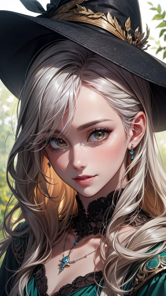 Woman in elegant Victorian dress, flowers on her head, orange flowers in the background, a skull painted on her face, skull necklace, round black eye makeup, large flowers drawn on her forehead, white skin, witch, witch’s hat,