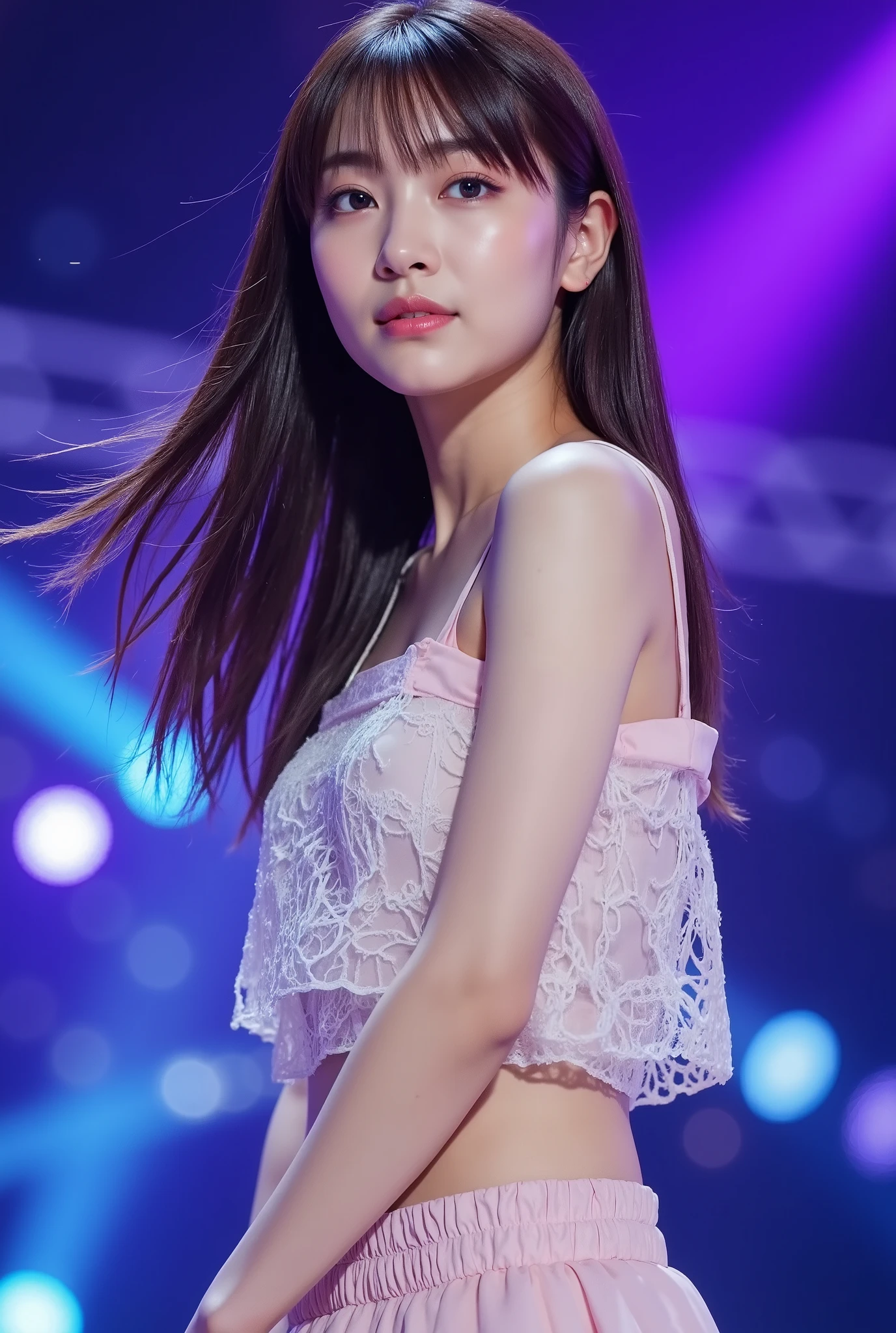 Create a stunning portrait of a beautiful Japanese idol girl. She is wearing a live performance outfit, showcasing her slender figure. Her medium-length hair flows elegantly as she stands confidently on the live stage.