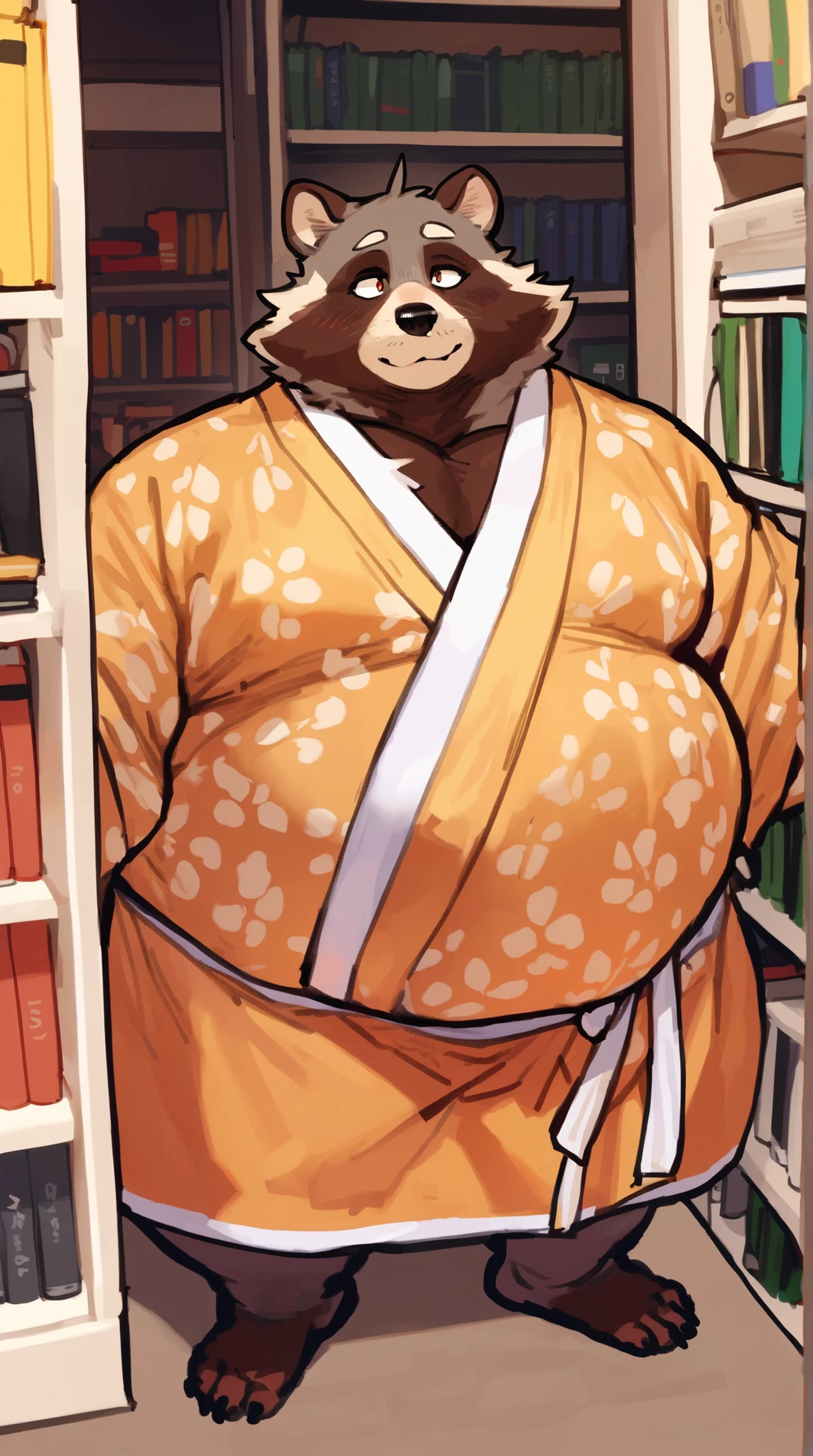 bara male tanuki, Asian raccoon dog, solo, grey fur, full body, fat, obese, strong physique, perfect anatomy, masterpiece, solo, great lighting, by bebebebe, by ZIXiong, by zackary911, by SligarTheTiger, by RED8EAN, soft colors, white outline, librarian, ((wearing a kimono):1.1),daddy, in a bookshop, chubby belly, very detailed face, detailed face expression