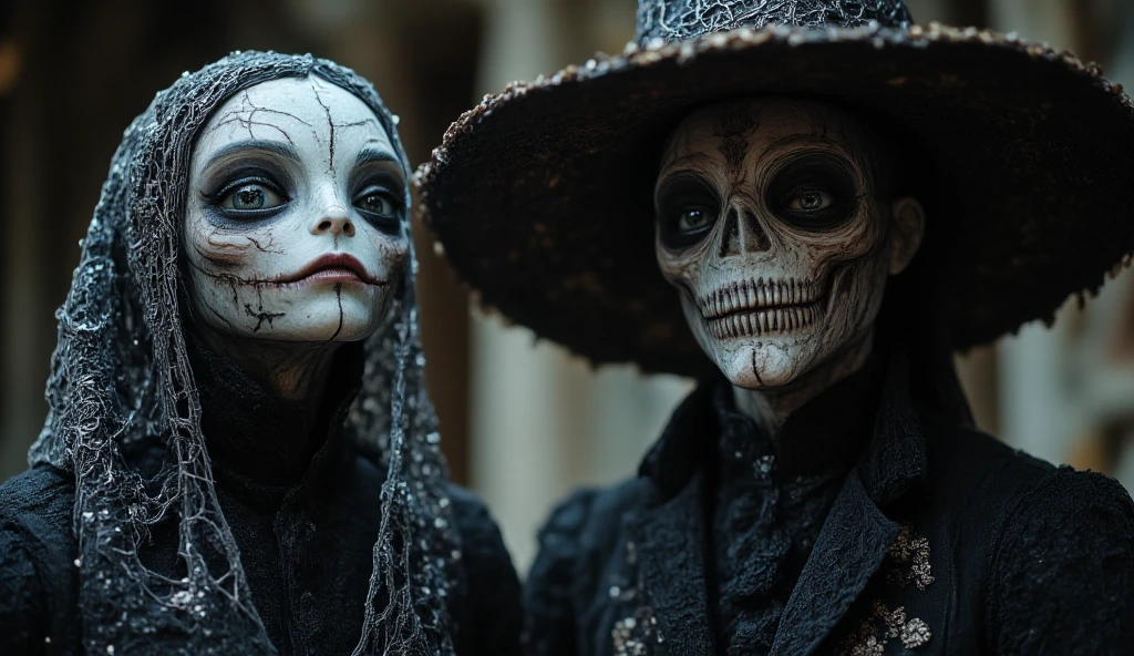 Man Wearing Skeleton Mask, Commander outfit, war, with beautiful woman, ghost woman, pretty woman , goth outfit, woman with blue skin