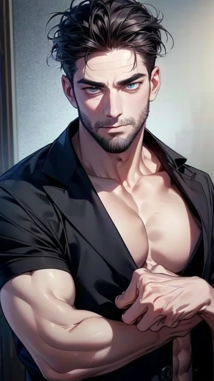35-year-old mafia man, moreno, Spiky style haircut, with large, wide pectorals and arms, no six pack abs, no shirt, no hair on chest, hairless.