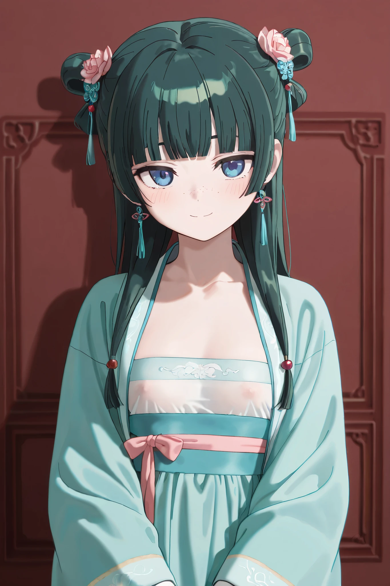 NSFW,masterpiece,Highest quality,high resolution,very detailed,Cat\( one by one person at the drugstore\),long hair、bangs、 blue eyes、hair ornaments close to the garden、 green hair、鈍いbangs、 freckles、 bun hair, single bun,Hanfu,Chinese clothing,maid,Bad Smile