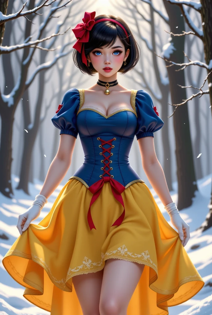 1girl, cute,, large breasts, narrow waist,wide hip,bob hair, bright eyes white fine skin,small mouth,slender, sexy pose silk blue corset, red white slashed puffer shoulder sleeves, silk yellow pleated skater silk skirt, white leggings, red hairband, red cape, maximum resolution, beautiful Alison Brie, ulzzang, beautiful sks woman, alison brie