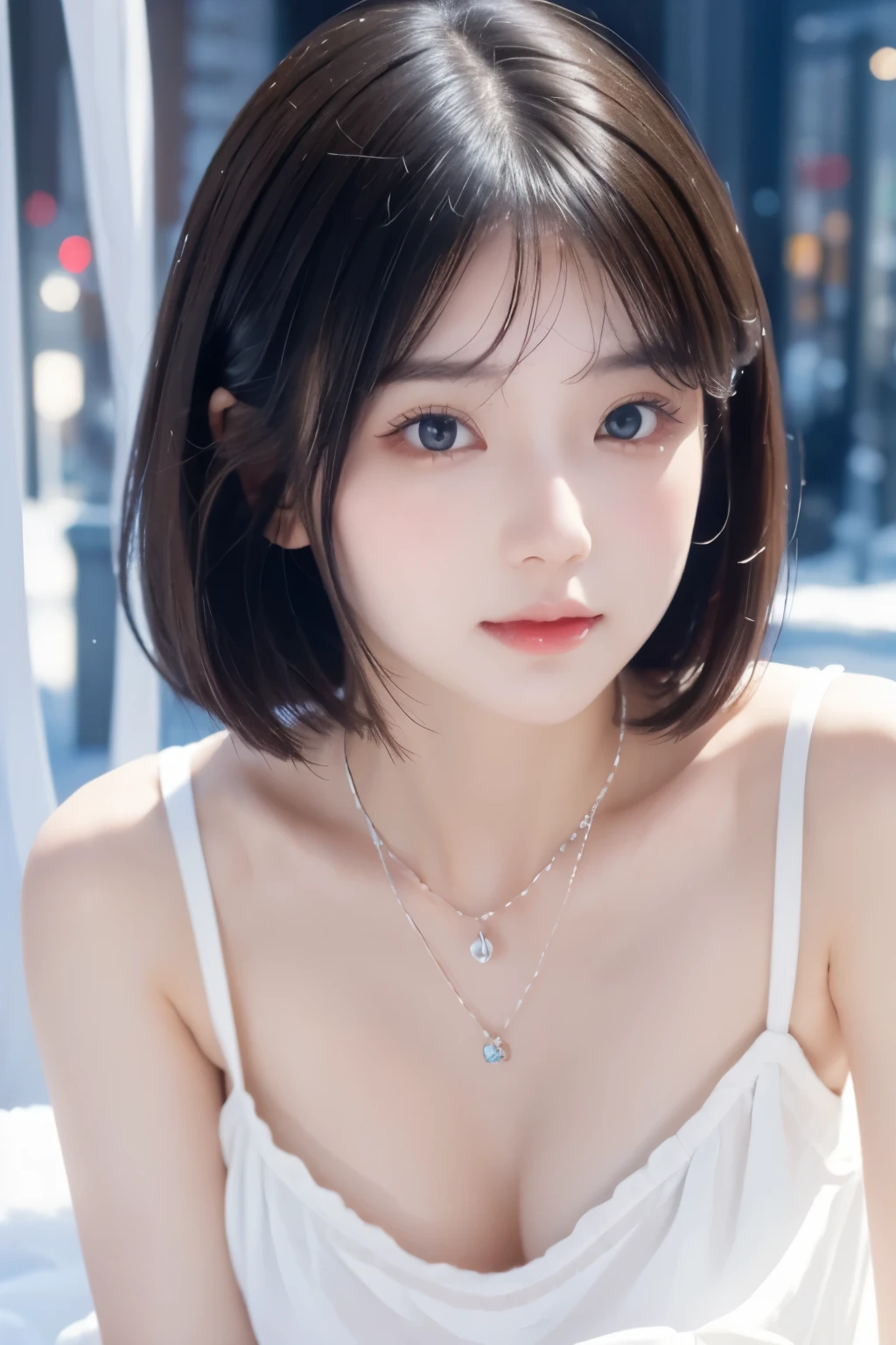 (Highest quality, 8k, 32K, masterpiece, Ultra-high resolution:1.2),Beautiful Japanese Women Photos, Large Breasts, Very short bob hair,Upper Body,Face Focus,(Extra Large_sweater,:1.1) necklace, Simple Background, View your viewers, Leaning forward,