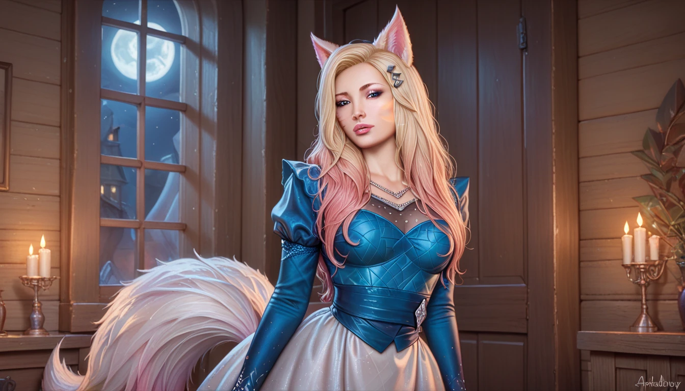 when is today, fluffy tails, shabby Ahri, pretty tired Ahri, dressed, but her hair is shabby, clothes are crumpled, ahri tired, is worth, at night, medieval style