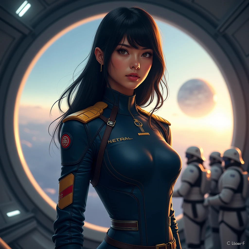 A young female officer in a futuristic space station, standing confidently in front of a large circular window overlooking a breathtaking view of space with a planet partially illuminated by the sun. She has long, shoulder-length black hair, naturally straight and flowing freely, reaching at least to her shoulders. Her sharp, determined eyes give her a commanding presence. She wears a dark blue military-style uniform with golden epaulets on her shoulders, a high collar, and multiple insignias, including a neutral mission patch and a golden emblem on her sleeve. Instead of a recognizable flag, her uniform bears a sleek, futuristic insignia representing an interstellar fleet or independent space force. The uniform is adorned with subtle utility straps and reinforced fabric, giving it a practical yet authoritative appearance. A runs across her , adding to the tactical design. In the background, a squad of armored soldiers wearing white helmets and futuristic gear is seen, standing in formation. The lighting is dramatic, with a deep blue glow from the station's interior mixed with warm golden highlights from the distant sun. The image is ultra-detailed, blending realism with a painterly sci-fi aesthetic, creating an immersive and cinematic scene