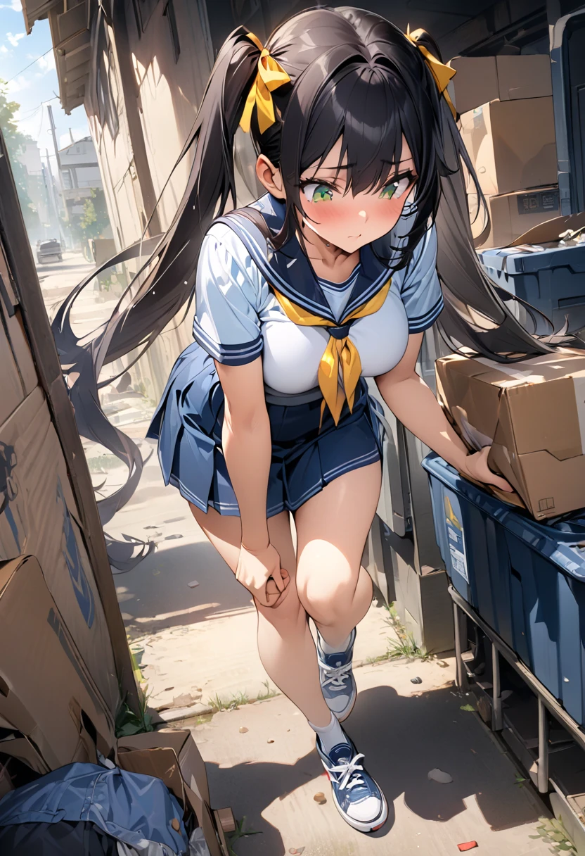 a woman, angle from below, realistic skin, drooping eyes, (open legs, floral-pattern thin dress, panties, swollen nipples, rugged high-top-sneakers), (straddling to hit her crotch against (the standing pipe installed on the ground) for masturbation, open mouth, she has a pubic-hair), short hair, (side of old storeroom in the park in the summer, sweat),