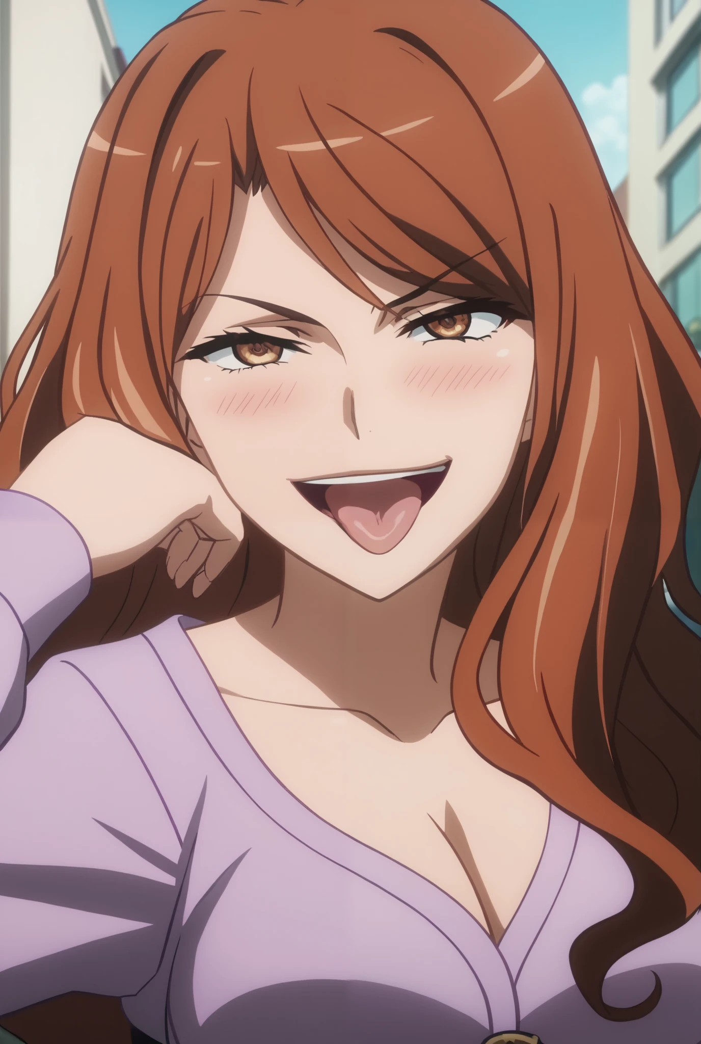 NSFW,masterpiece, best quality, very aesthetic, absurdres, source_anime, anime screencap, strong contrasts, beautiful eyes, BREAK 1girl, solo, mugino shizuri, long hair, wavy hair, brown hair, brown eyes, large breasts, purple short dress, long sleeves, collarbone, cleavage, belt, black thighhighs, close mouth, temptation, sexy pose, outdoors, street, blue sky, squat,Spread legs、black panties,T bag,show off panties,lewd female,facing backwards、emphasize the buttocks、tongue out and open mouth, smug、blush,Spread pussy