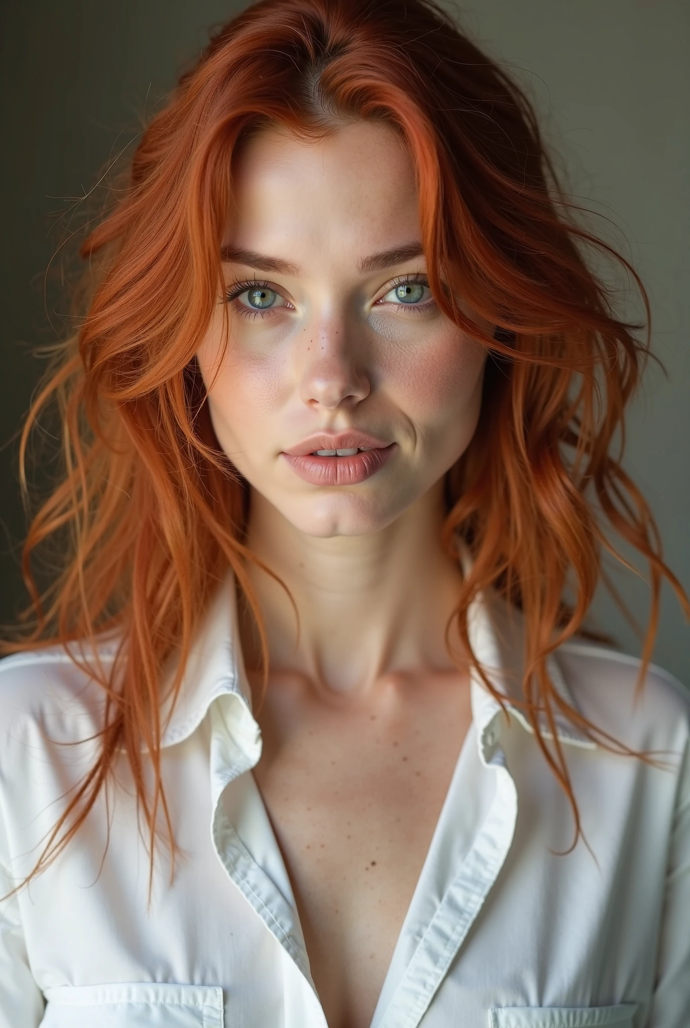 une femme brésilienne de 22 ans, longs cheveux roux, visage rond, yeux clairs, corps agicheur, des expressions faciales qui transmettent le désir, posant pour la photo, porter un t-shirt blanc, dans sa chambre, avec un mur gris en arrière-plan, Photo prise avec l'appareil photo iPhone dans un environnement éclairé naturellement, image haute résolution mais en gardant une touche de réalité sans filtres exagérés.