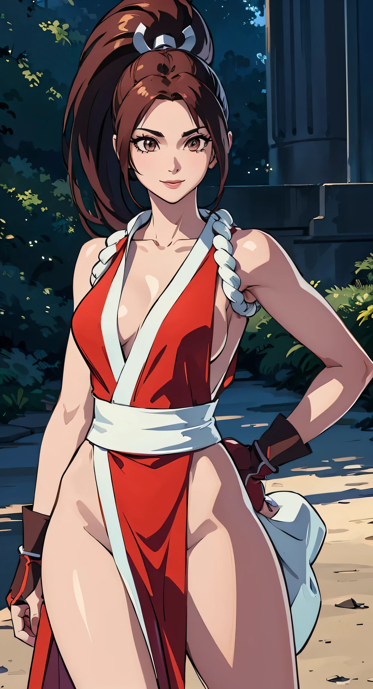 (mai shiranui),__body parts__, official art, 8K wallpaper, She's showing the side, pose lateral, ultra detailed, beautiful, masterpiece, super fine photo , High quality, super high resolution, Photorealistic, luz del sol, smile, Elegant dress, jeweler's, on birthday , amusement park , beautiful, highly detailed skin, realistic skin details , Visible pores, sharp focus, digital reflex camera,