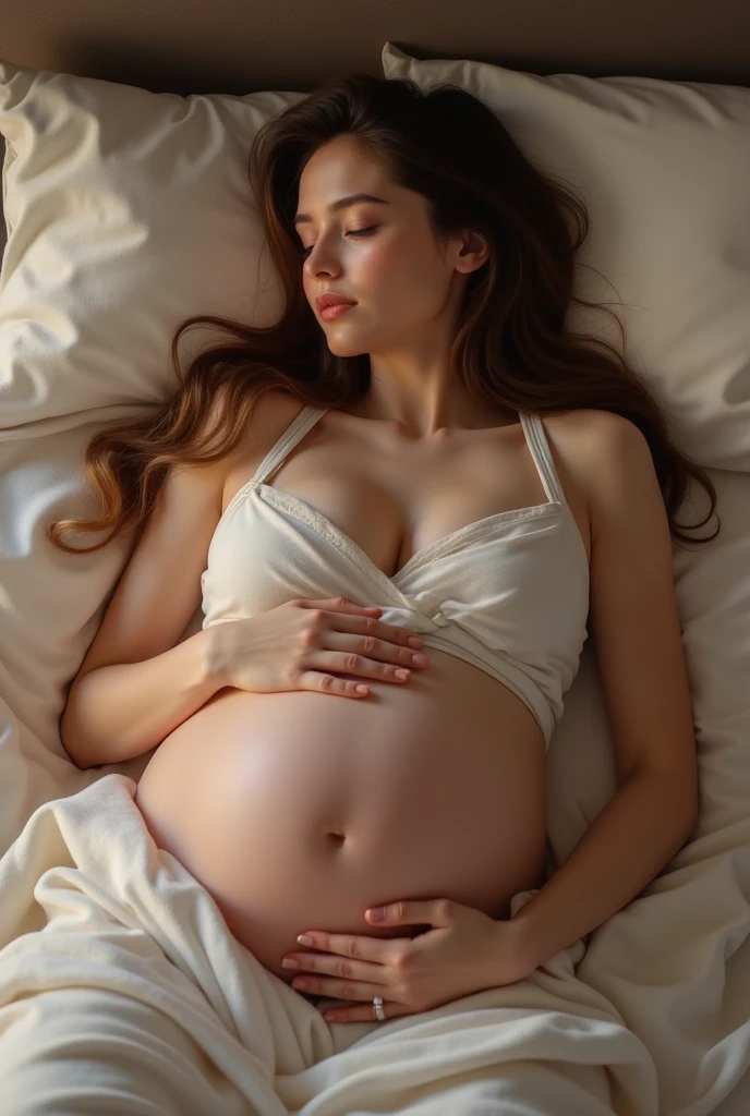 Her belly is so big that she can sleep on it.