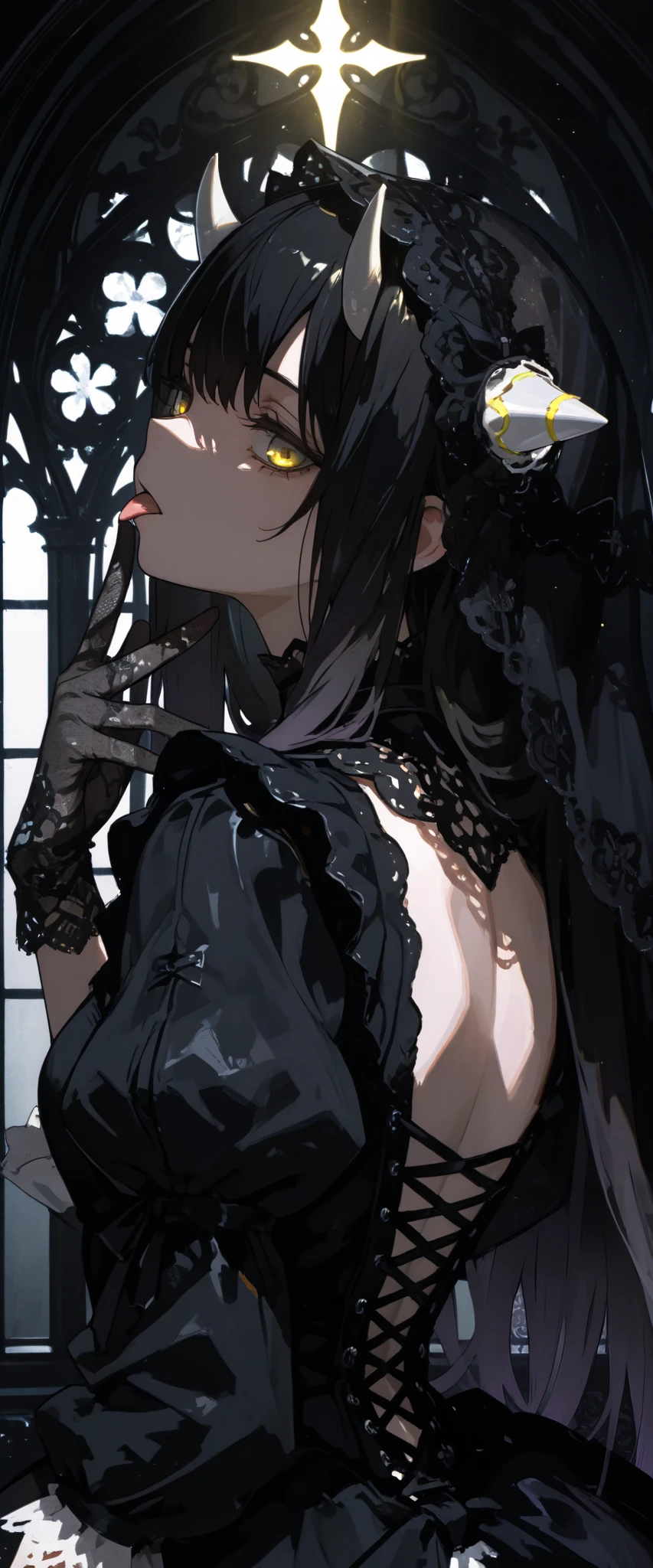 top quality , masterpiece, 748cm style , 1 girl, , viewers, , gradient hair, black hair, long hair, yellow eyes , gothic dress, black dress, gothic veil, lace gloves, bridal veil, looking at viewer, gothic background, perfect waist, standing, eyelevel shots, lace gloves, puffy sleeves, dynamic light, glowing, lighting, backlight, horn, upper body, close up, tongue