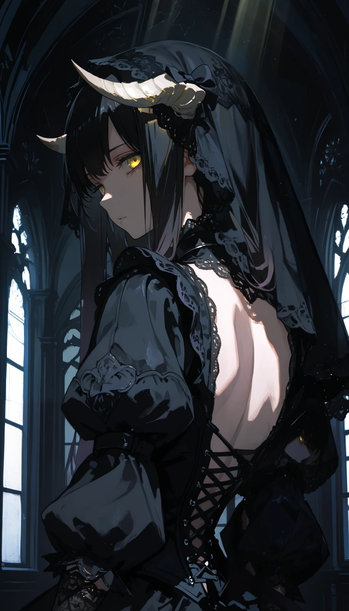 top quality , masterpiece, 748cm style , 1 girl, , viewers, , gradient hair, black hair, long hair, yellow eyes , gothic dress, black dress, gothic veil, lace gloves, bridal veil, looking at viewer, gothic background, perfect waist, standing, eyelevel shots, lace gloves, puffy sleeves, dynamic light, glowing, lighting, backlight, horn, upper body, close up