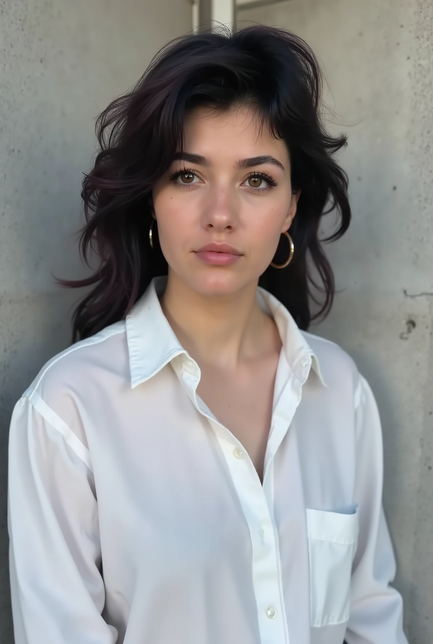 beautiful young European girl in a white men's shirt on the background of a concrete wall