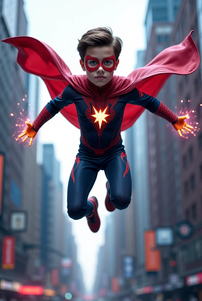 Make a cover art for dark music album like 
A super boy flying like i ron man 
