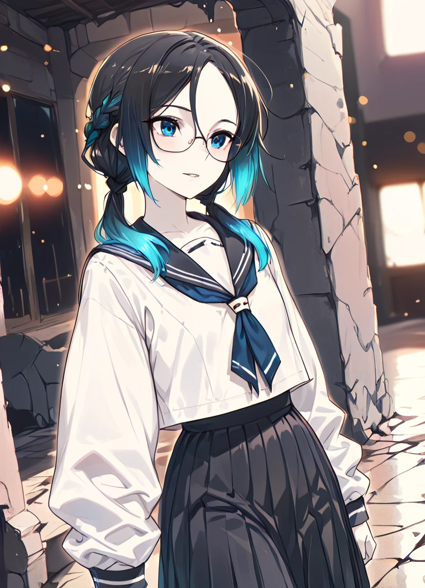 flat illustration, watercolor,((glasses)),solo,(safe:1.2),pose, silky skin, beautiful face, beautiful eyes,shiny eyes, Iridescent eyes, beautifull hair,{Multicolored hair,Iridescent hair}, gradation hair ,{parted bangs ,ponytail, Bob,short hair, Long hair,low-twintails,braid,side-ponytail,open forehead, hair between eyes}, small smile,parted lips:0.2, tilted angle,scene situation,((Masterpiece :1.2)),((Best quality :1.2)), (very aesthetic:1.2), (absurdres:1.2), (detailed background),newest,intricate details, high-detail rendering,ultra high resolution, more details, 8k quality ,Walking through the A Moss-covered ruin of fantasy world, Lost in thought ,pale skin,slender,black hair, low-tied long hair,wearing coat,flat chest, multi-layer, raytracing,bokeh photography,out-of-focus highlights,dreamy ambiance,mesmerizing depth,depth of field,view from the side,((serafuku)),skirt,clothed,illustration, monochrome,