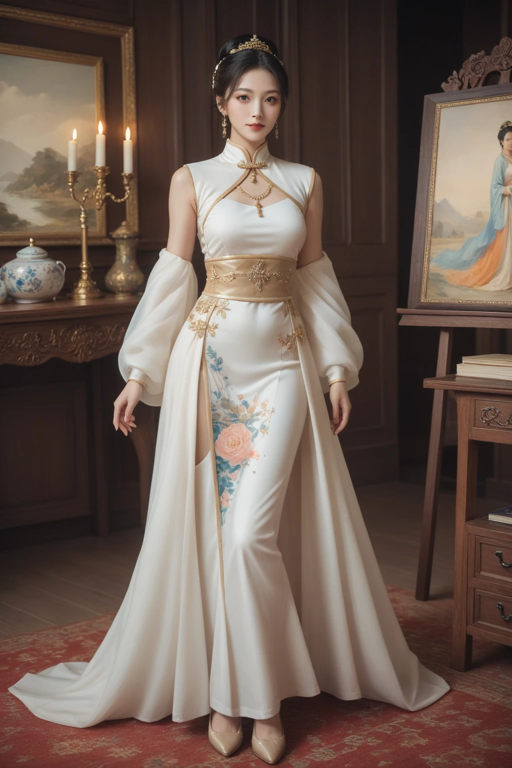 1girl, 176cm,small natural round breasts,36-24-36 body ratio, korean model, golden Chinese headress, very wet skin, facial expression, 23 years old, soft body, black hair, wavy hair,whole body, hair reaches waist, whole body,((head to leg)), gold bracelets, black chain,((wearing white Kebaya)), floral gold pattern long skirt, large earrings,close-up, 8k, RAW photo, best quality, masterpiece,realistic, elegant standing pose, photo-realistic,seductive,cute,royal palace background, rchelcia, looking into viewer