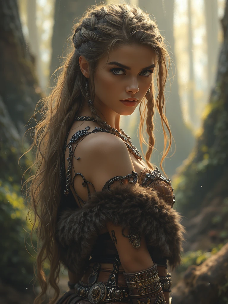 a viking warrior girl, beautiful detailed eyes, beautiful detailed lips, extremely detailed eyes and face, long eyelashes, strong muscular body, wearing fur armor, holding a battle axe, in a dark mysterious forest, dramatic lighting, epic fantasy, digital painting, cinematic composition, muted color palette, dramatic shadows, highly detailed
