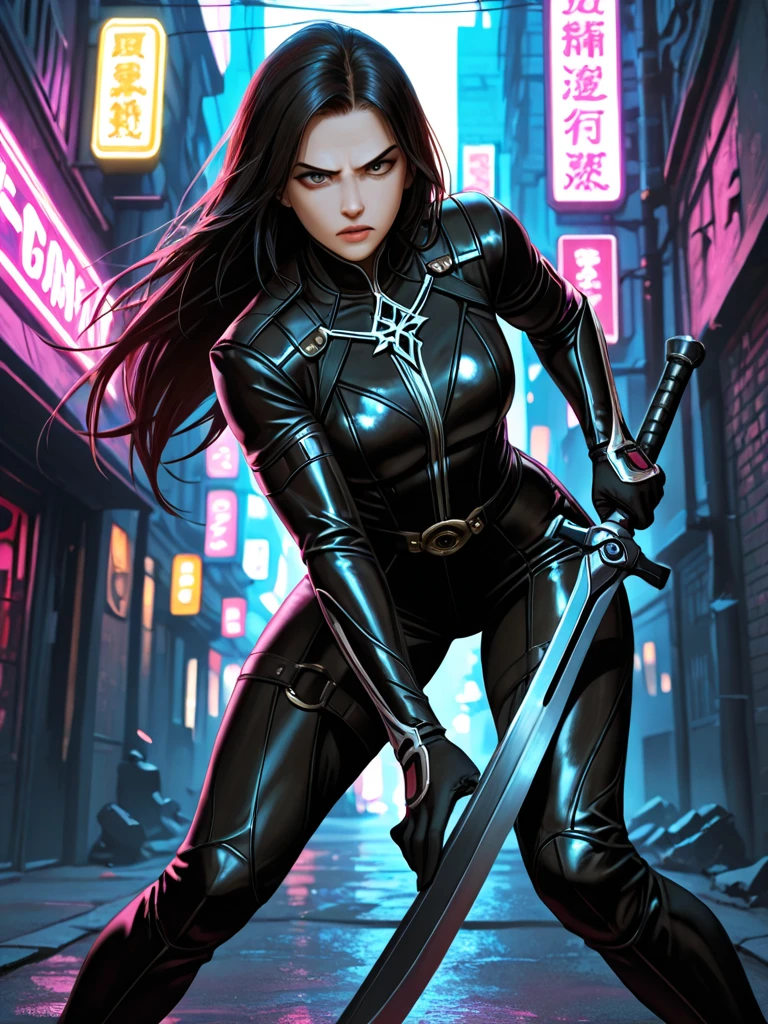 1 woman, beautiful girl, long black hair, shiny, red eyes, looking at the viewer, full body framed, ninja, ninja woman, sensual ninja, dangerous ninja, very realistic light skin, wearing ninja outfit, pants, with black metal parts with sparkle, sword in hand, night, in the shadows, sneaking