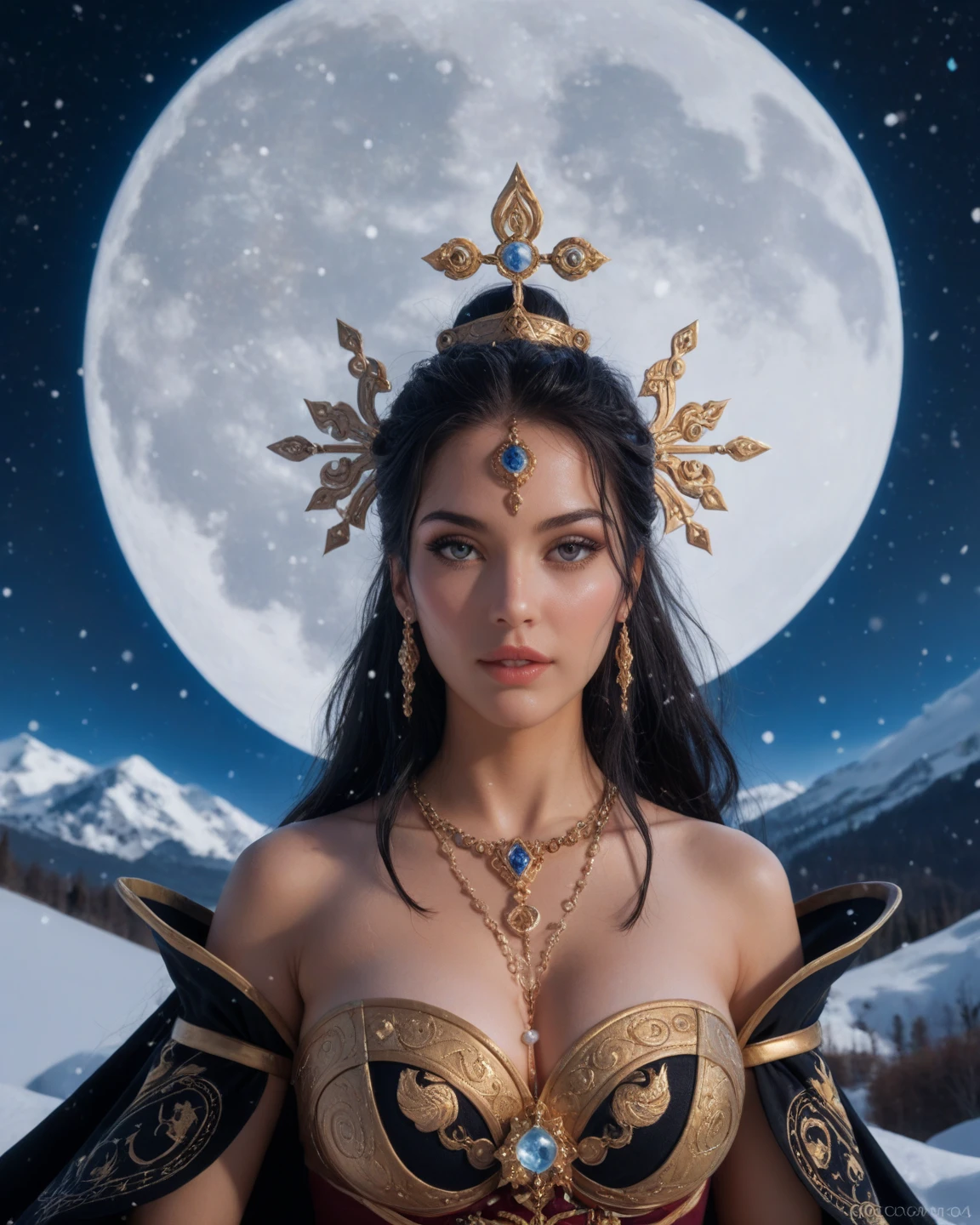 (1girl:1.3), extremely detailed,(fractal art:1.1),highest detailed,(zentangle:1.2), (dynamic pose), (shiny skin),(earrings:1.4), woman in a black saree, and golden crown, estefania villegas burgos, buxom, bian luan, snow goddess, snow Queen, big boobs, sexy body, hot curves, beautiful smile, snowy mountains, snow on the body, siberia, snowy mountain background, beautiful mountains behind, cold weather, covered sfw huge breasts, cold as ice! 🧊, mountains on the background, siberia!!, hooded fur coat Gradient style illustration, illustration, starry sky, a Mt. Fuji, surrounded by lakes, birds, sunlight, flying snow