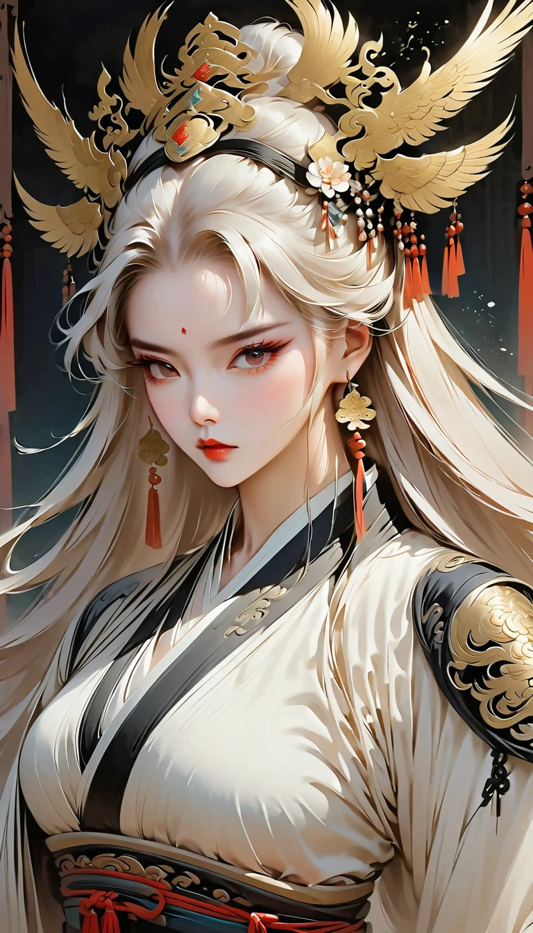 1girl, solo, long_hair, breasts, hair_ornament, red_eyes, dress, ribbon, holding, jewelry, upper_body, ponytail, weapon, white_hair, earrings, sword, holding_weapon, clothing_cutout, holding_sword, red_dress, cleavage_cutout, tassel,Correct human anatomy,tiger,