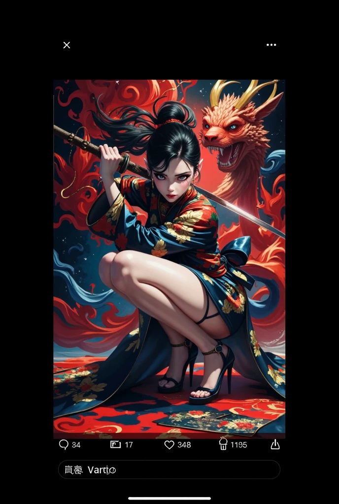 ultra high resolution,((masterpiece))),(((best quality))),((super detailed)),((extremely delicate and beautiful)),(wide shot, wide-angle lens,Panoramic:1.2),super vista,super wide Angle,Low Angle shooting,super wide lens,highly detailed,(masterpiece, top quality, best quality, official art, beautiful and aesthetic:1.2),(fractal art:1.2),
xuer ai yazawa style girl,1girl,solo,holding weapon,katana,floral print,looking at viewer,fighting stance,eastern dragon,braid,floral print,Ink,ink splatter,
(disgust:1.3),(full body:1.4),A shot with tension,(sky glows light magenta,Visual impact,giving the poster a dynamic and visually striking appearance:1.2),Chinese Zen style,impactful picture,
<lora:~Q?-kfX\YsV2 xuer ai yazawa style girl:0.8>,