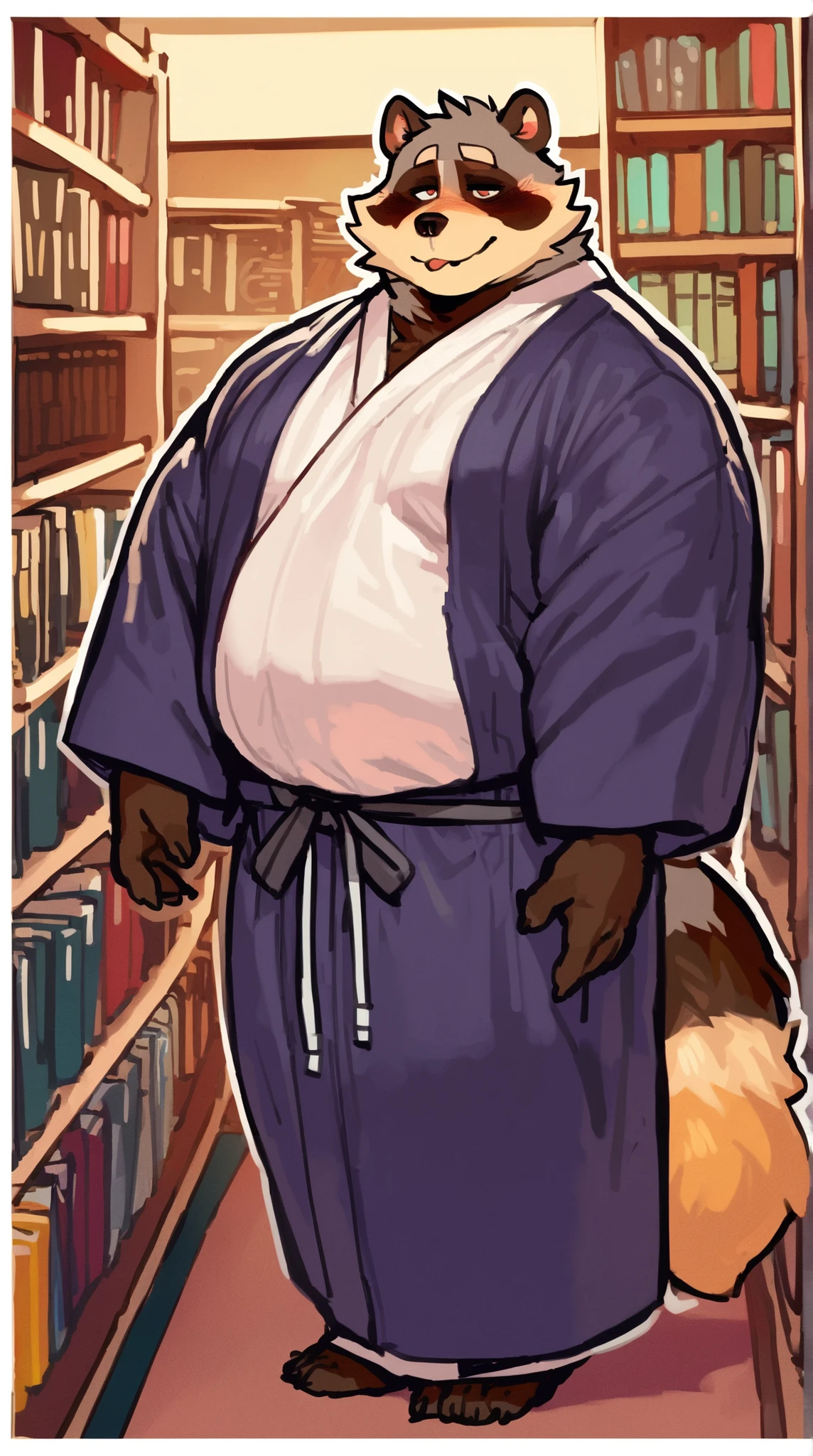 bara male tanuki, Asian raccoon dog, solo, grey fur, full body, fat, obese, strong physique, perfect anatomy, masterpiece, solo, great lighting, by bebebebe, by ZIXiong, by zackary911, by SligarTheTiger, by RED8EAN, soft colors, white outline, librarian, ((wearing a yukata):1.1),daddy, in a bookshop, chubby belly, very detailed face, detailed face expression