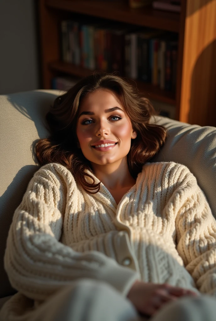 photo of a busty smiling woman with brown messy hairbun, looking shy from the side towards the camera, sitting in a cozy room, wooly knitted full bodysuit with pop-art print, very detailed, atmospheric haze, Film grain, cinematic film still, shallow depth of field, highly detailed, high budget, cinemascope, moody, epic, OverallDetail, gorgeous, 2000s vintage RAW photo, photorealistic, candid camera, color graded cinematic, eye catchlights, atmospheric lighting, skin pores, imperfections, natural, shallow dof