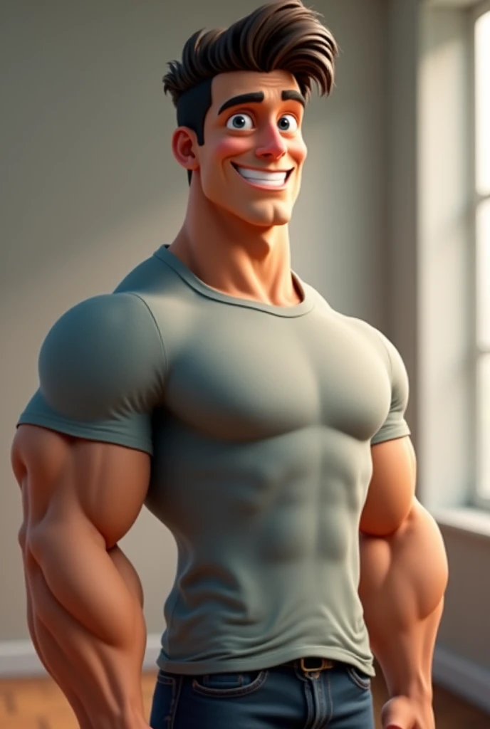 Caricature of a handsome muscular man, cartoonish but realistic, neutral face, shirtless, larger chest, white background