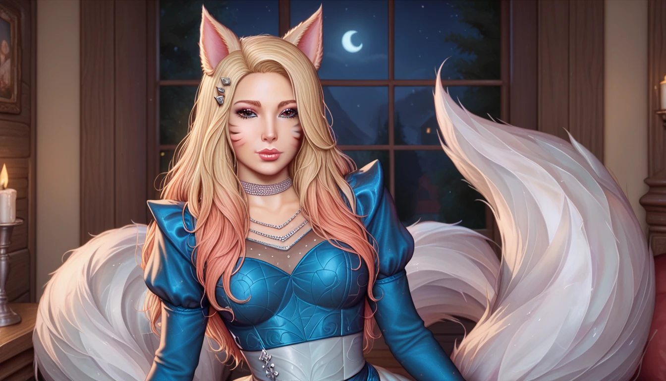 when is today, fluffy tails, shabby Ahri, pretty tired Ahri, dressed, but her hair is shabby, clothes are crumpled, ahri tired, is worth, at night, medieval style