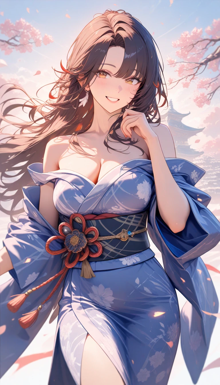 (Masterpiece:1.2, Best quality), cleavage,Large breasts,(fine detailed beautiful eyes: 1.2), 1girll, (komono:1.3), Large breasts, Bare shoulders, flowers and petals, Beautiful concept illustration, (White background:0.5), (illustration:1.1), (Extremely fine and beautiful:1.1), (Perfect details:1.1), Cowboy shot,