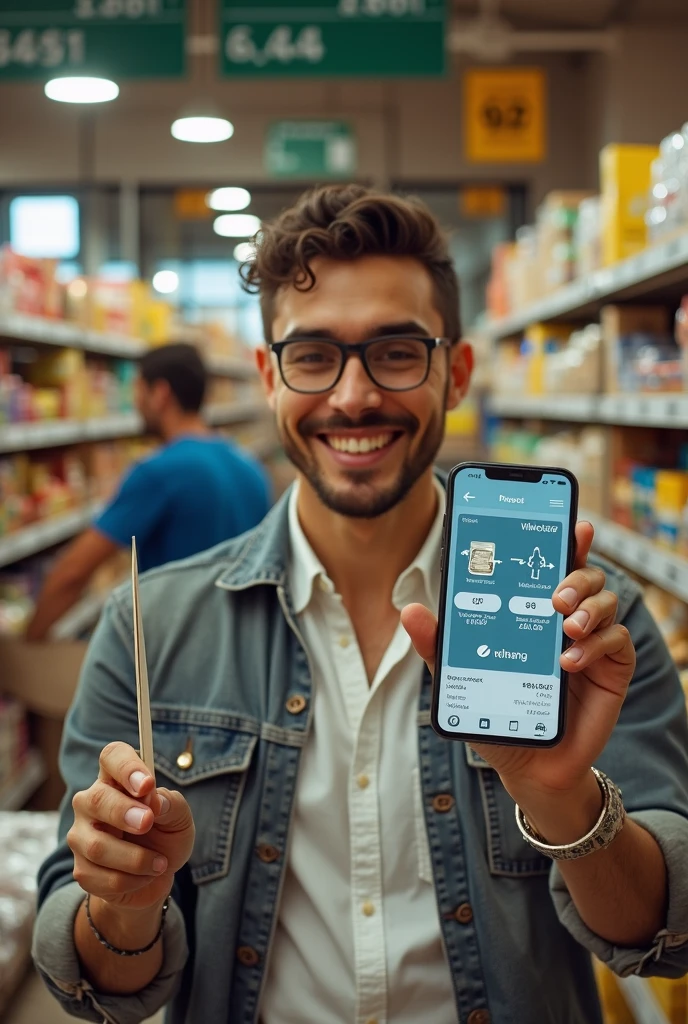 50-year-old man with white hair in casual clothes inside a supermarket with a happy expression looking at his smartphone watching messages arrive on his WhatsApp.