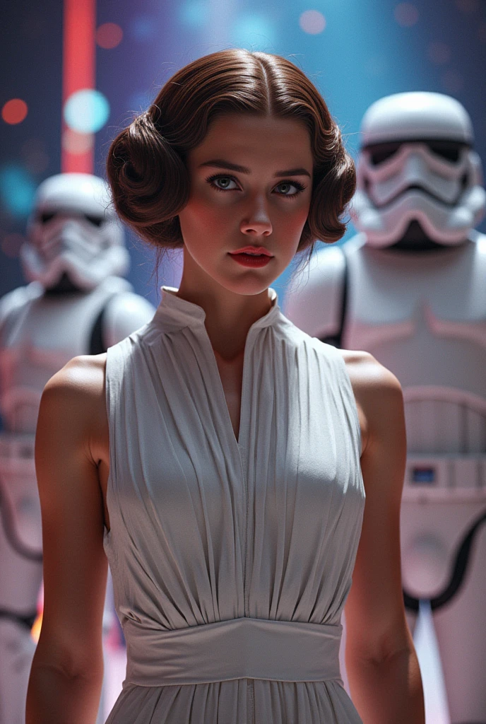 a close up of a woman in a white dress standing in front of a group of Star Wars characters,  Germ of Art julie bell beeple, Wojtek FUS, karol behind uhd, inspired by Marek Okon , chris moore.  Germ of Art,  cybernetic goddess in the cosmos , Princess Leia, alena aenami and  Germ of Art, lois van rossdraws, galactic background
