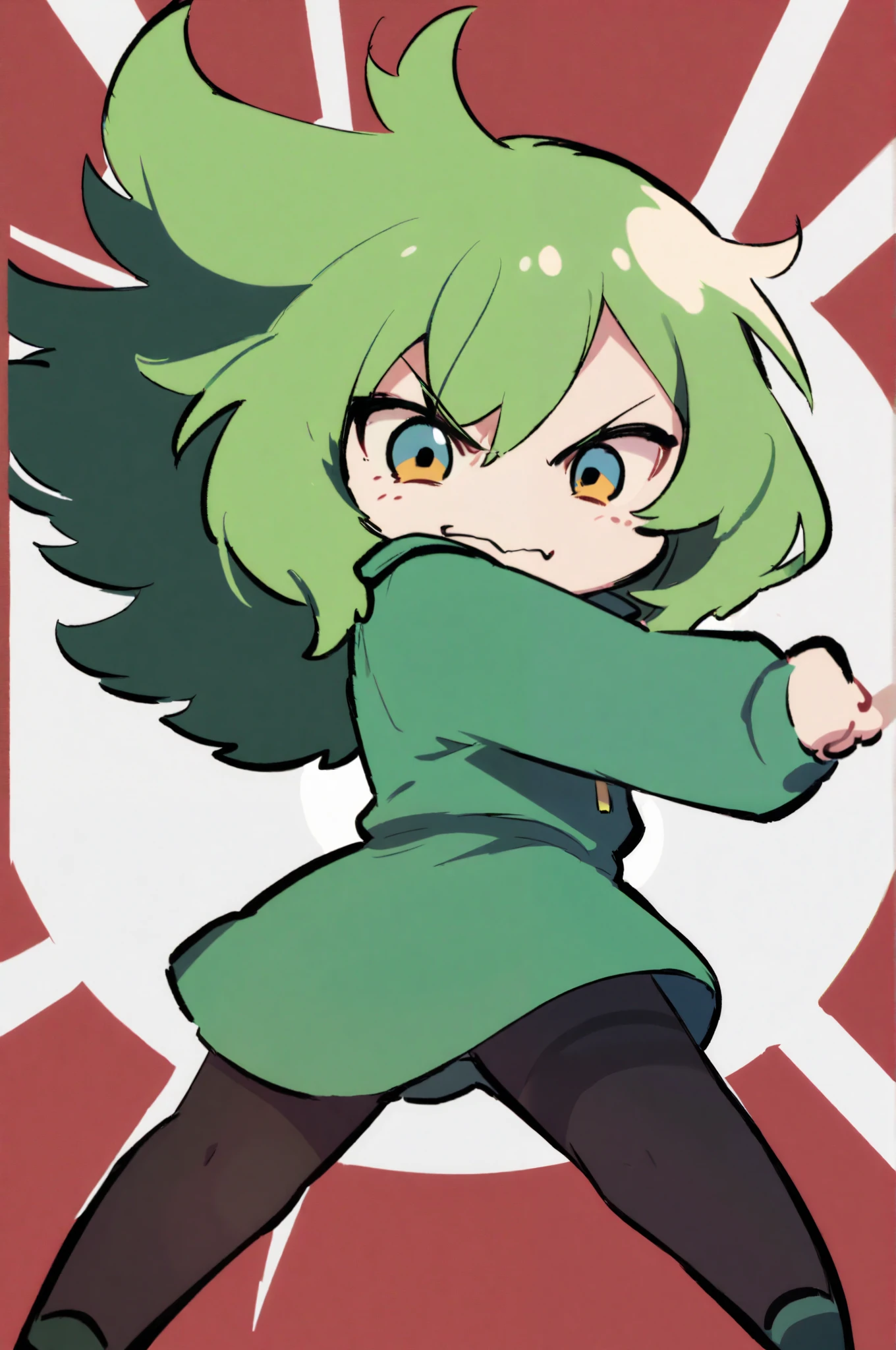 X-Men vampire in chibi version with characteristic bicolor hair (brown with white highlights), green jacket, black tights and determined expression