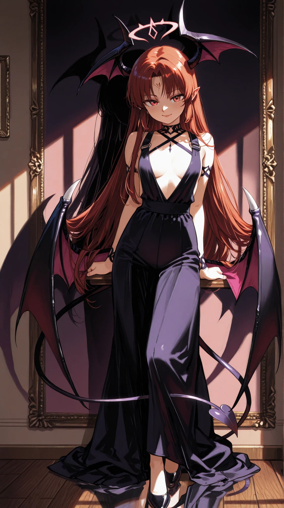 (masterpiece:1.2, best quality:1.2, beautiful, high quality, highres:1.1, aesthetic), detailed, extremely detailed, ambient soft lighting, 4K, perfect red eyes, perfect face, perfect lighting, 1girl, bangs, black dress, brown hair, breasts, ((large breasts)), dress, jewelry, large breasts, lips, looking at viewer, necklace, long hair, hair down, red highlights in hair, simple background, solo, wearing red bat wings, pale ivory skin, thighs, ((full body)), high resolution, masterpiece, anime girl
