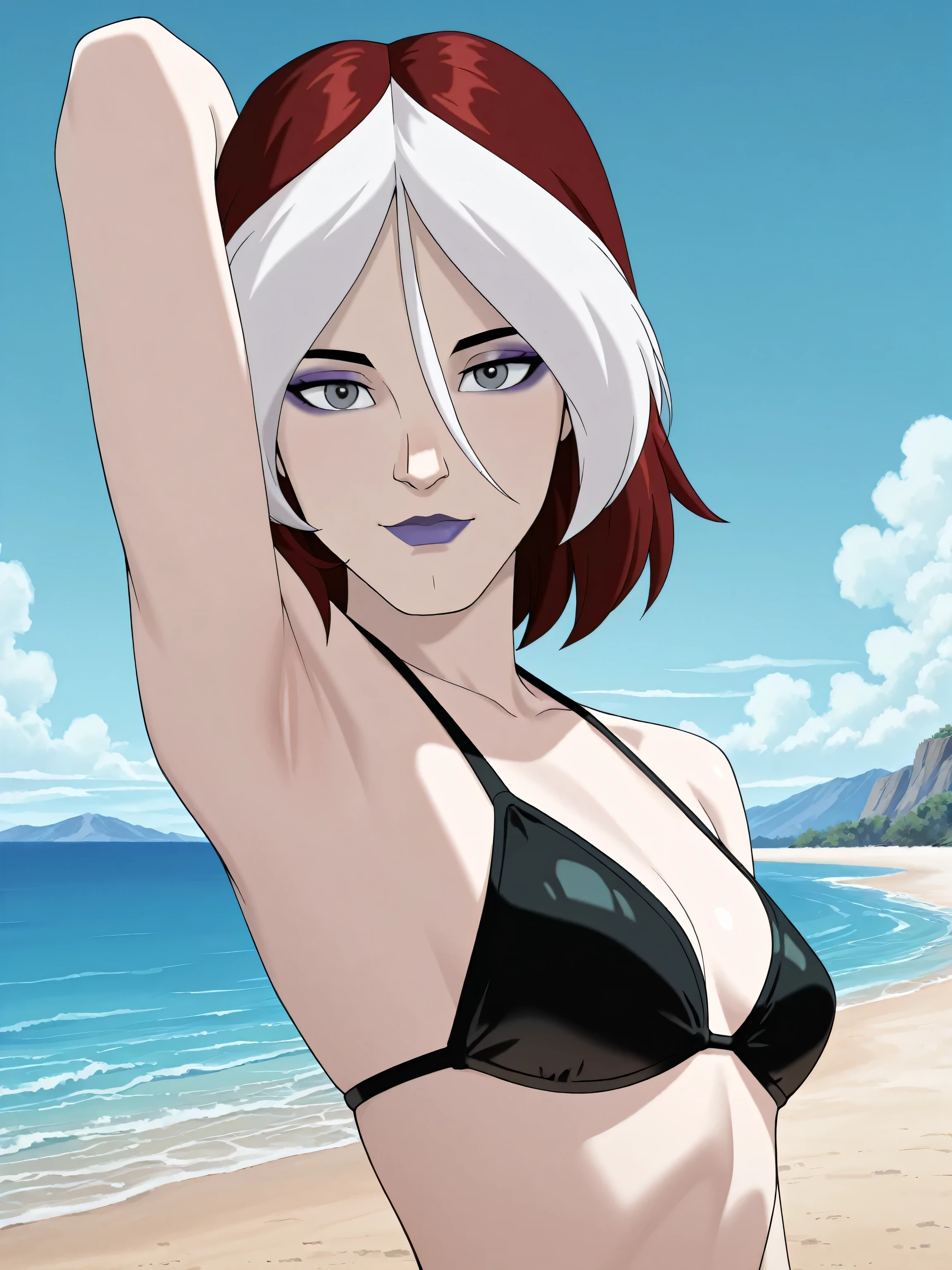 masterpiece, best quality, amazing quality, anime screencap, 1girl, solo, xroguex, dyed bangs, white hair, red hair, hair between eyes, (grey eyes:1.1), makeup, purple lips, black bikini, bare shoulders, bare arms, arm behind head, armpit, head towards viewer, looking at viewer, light smile, closed mouth, front light, outdoors, day, beach, from side, from below