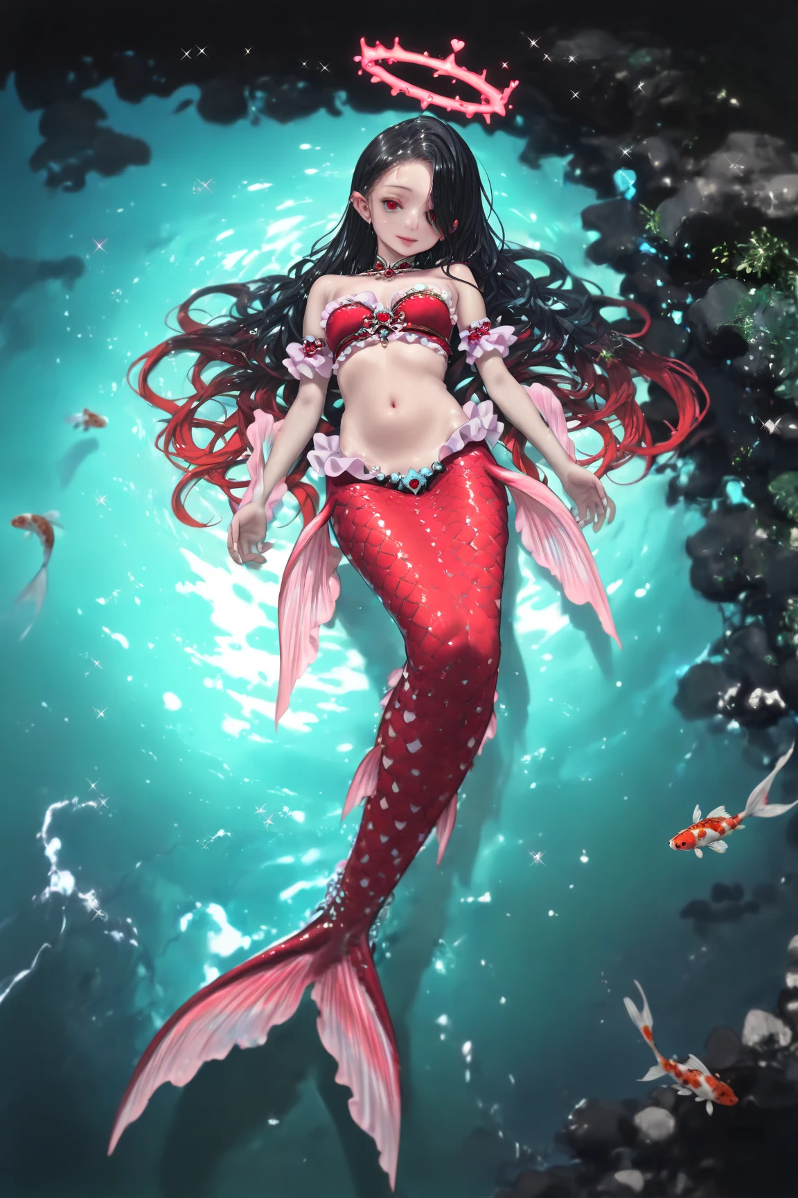 Lingerie transparent,Under the water,red theme,Mermaid costume,Mermaid tail,Bracelet,耳Nipple Ring,head gear,choker necklace,smallunderboob,
