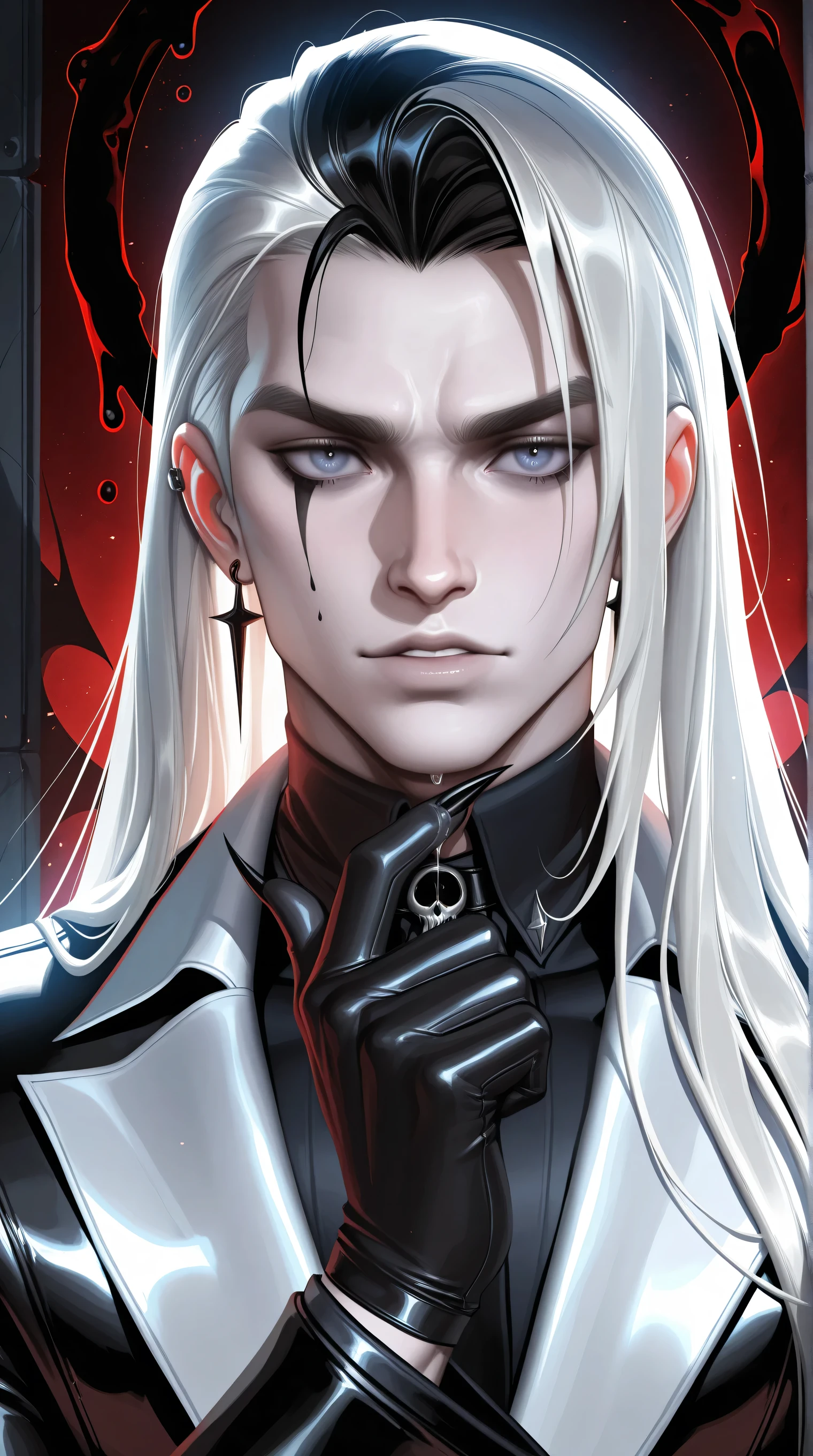 (TangoBat:0.7),(Sakimichan:0.7), 1boy,male, A gothic, portrait of a male with long, white hair, dripping with dark blood, wearing a black trimmed suit and gloves with sharp nails; the scene is dark, dramatic, and evokes a sense of mystery and macabre, with a focus on intricate details and textures, and a strong contrast between the pale and dark tones. ,masterpiece, best quality,absurdres