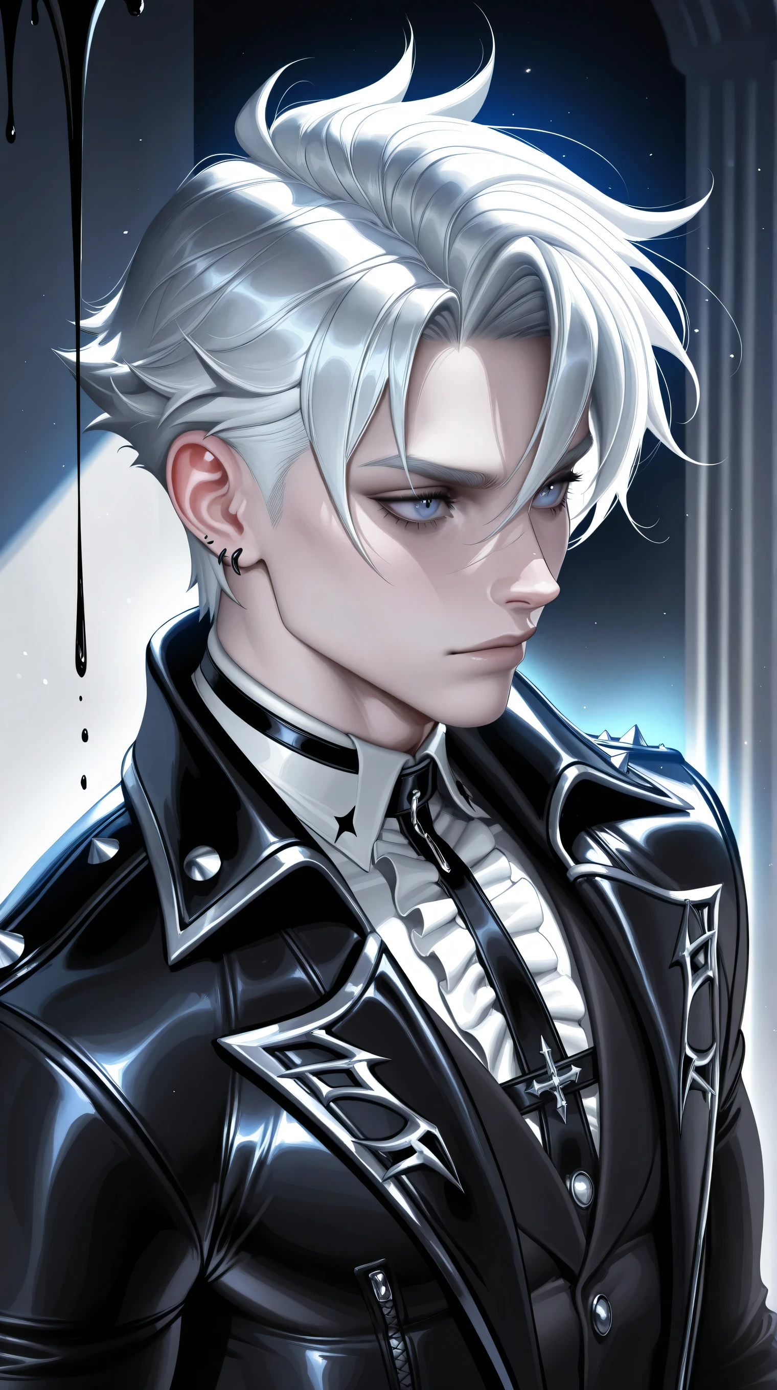 (TangoBat:0.7),(Sakimichan:0.7), 1boy,male, A gothic, portrait of a male with long, white hair, dripping with dark blood, wearing a black trimmed suit and gloves with sharp nails; the scene is dark, dramatic, and evokes a sense of mystery and macabre, with a focus on intricate details and textures, and a strong contrast between the pale and dark tones. ,masterpiece, best quality,absurdres